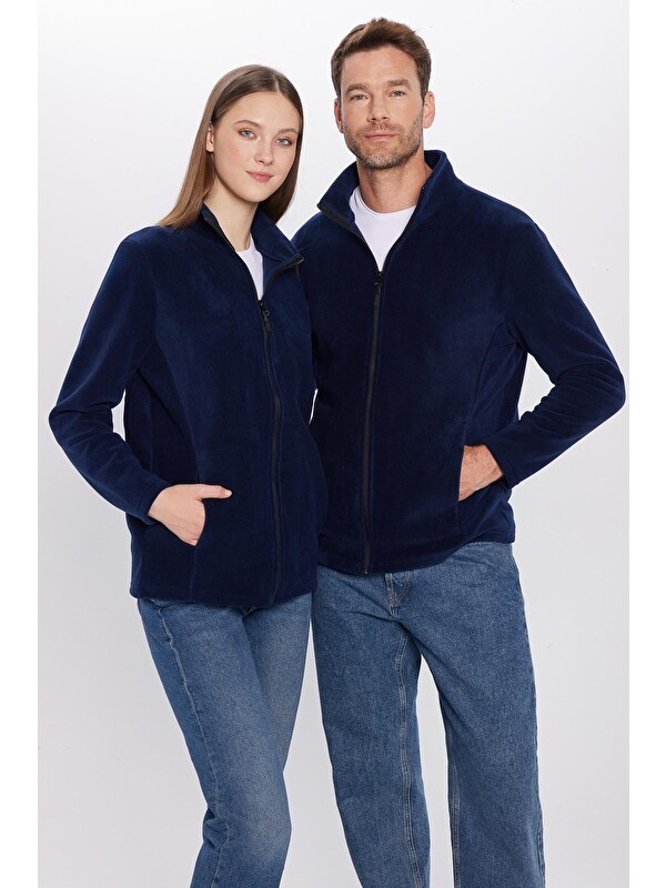 TUDORS Unisex Lacivert Anti-Pilling Tüylenme Yapmayan Standart Fit Tam Fermuarlı Soğuk Geçirmez Polar