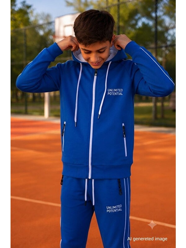 Pina Kids Erkek Çocuk Scuba Unlimited Çift Şeritli Kapüşonlu Reglan Kol Dalgıç Kumaş Eşofman Takımı ESF7024
