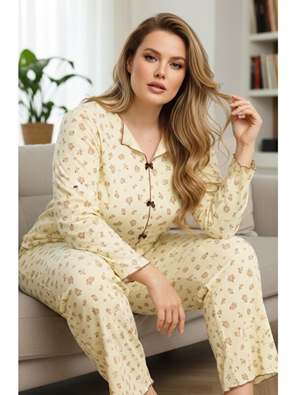 Siyah İnci Beden Battal Pamuklu Fiyonklu Fitilli Örme Pijama Takım25228001-3