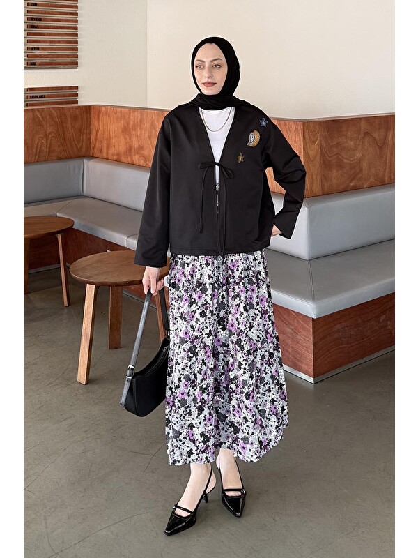 Lamelif Çiçek Detaylı Nakış İşlemeli İkili Takım Mor