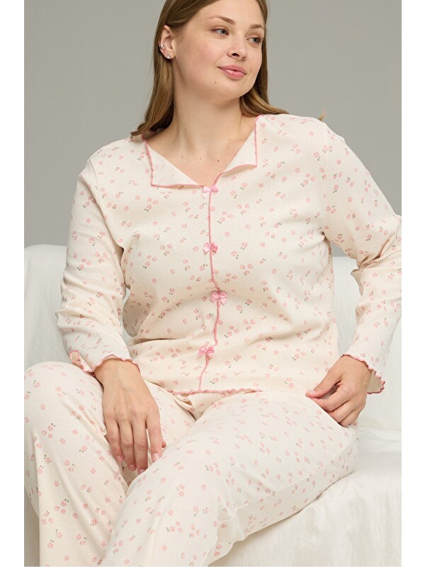 Siyah İnci Beden Battal Pamuklu Fiyonklu Fitilli Örme Pijama Takım25228001-7