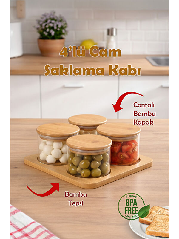 Porsima HF009006 Yuvarlak 4lü Hava Geçirmez Bambu Kapaklı Standlı Cam Kahvaltılık Seti 250ml