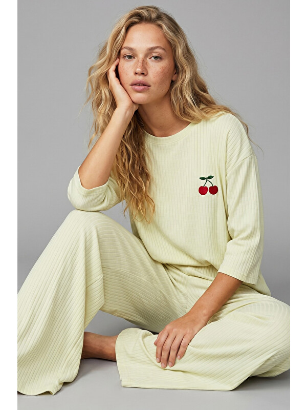 Siyah İnci su yeşili Soft Touch İnce Örme Nakışlı Pijama Takım
