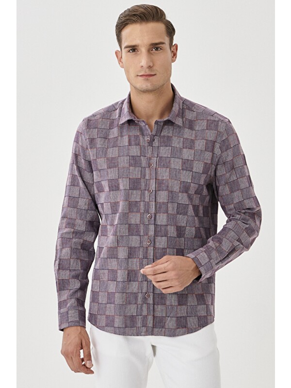 Altınyıldız Classics Erkek Beyaz-Bordo Slim Fit Dar Kesim Klasik Yaka %100 Pamuk Kareli Gömlek