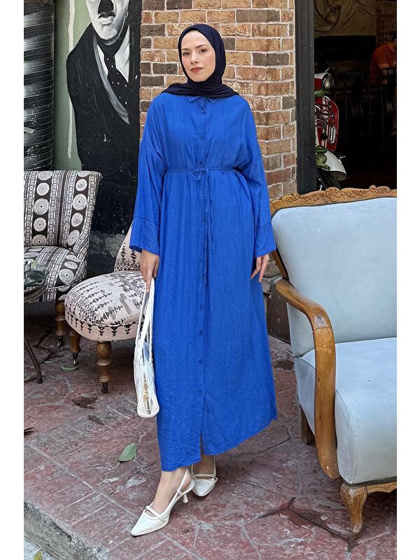 Lamelif Pat Detaylı Elbise Saks Mavisi