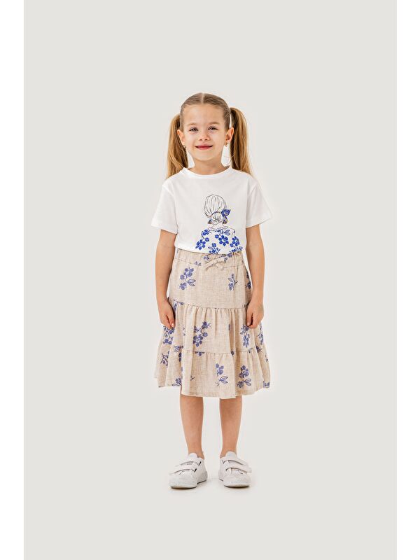 Miss Tuffy Kız Çocuk Pamuklu T-Shirt Keten Etekli Yazlık Takım 6-9 Yaş