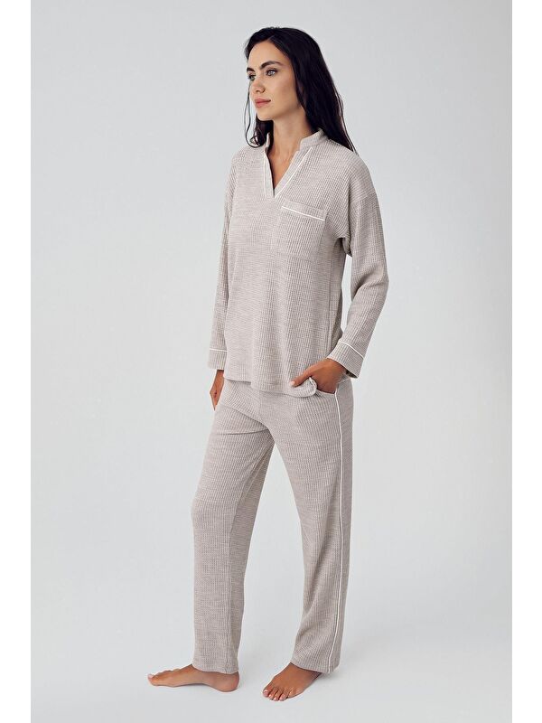 Artış Kadın Uzun Kollu Esnek Yumuşak Dokulu Waffle Kumaş Pijama Takım 15213