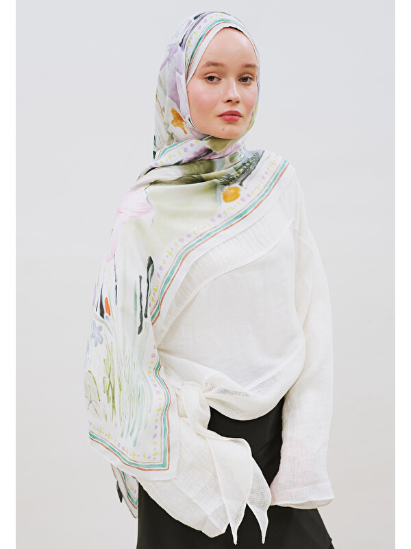 Fresh Scarfs Bloomelle Desen Rami Viskon Şal Soft Yeşil