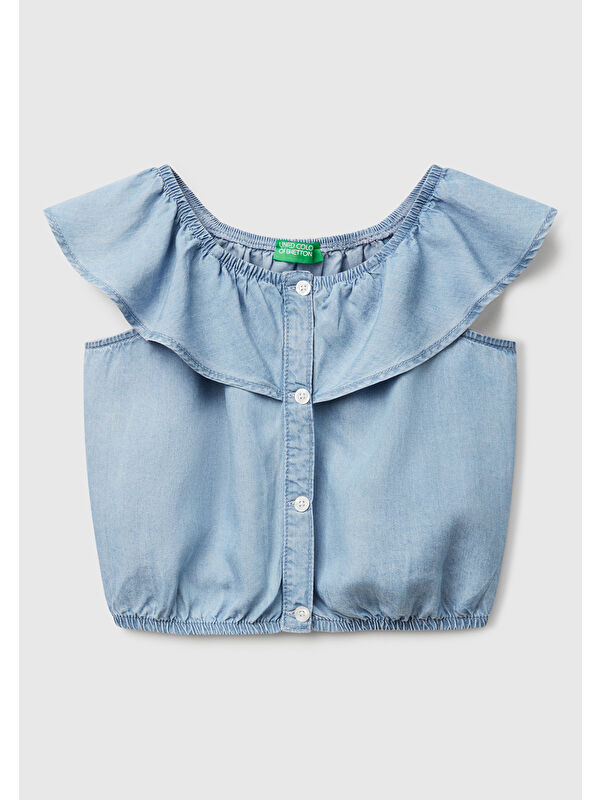 United Colors Of Benetton Kız Çocuk Denim %100 Liyosel Yakası Fırfırlı Lastikli Kolsuz Crop Gömlek