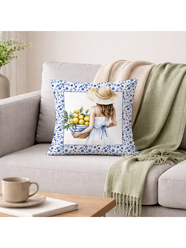 Evmila Mavi Beyaz Çini Desenli ve Limon Temalı Çift Taraflı Baskılı Kırlent Kılıfı 43x43cm