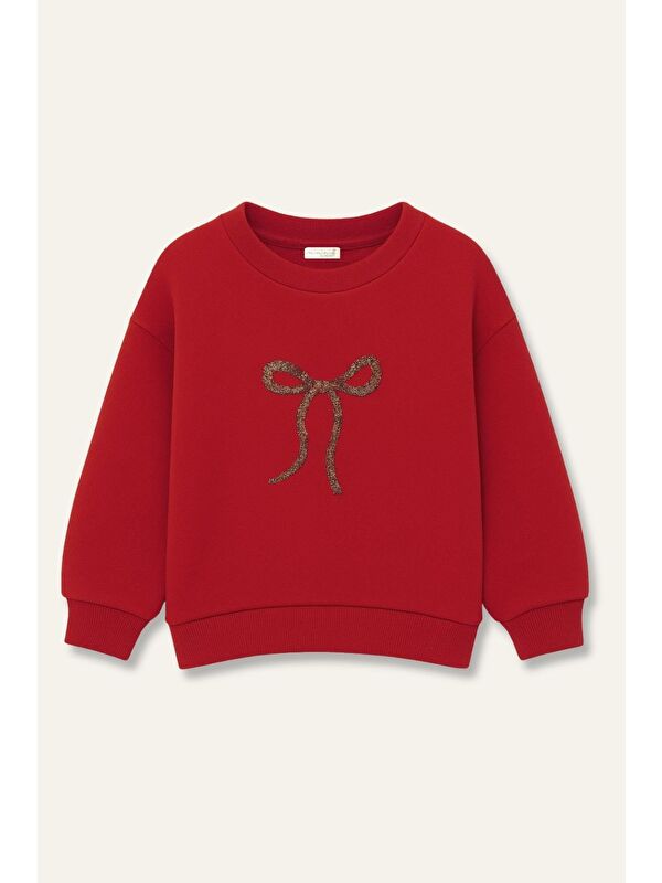 MİNİNİO Kız Çocuk Nakıs Detaylı Sweatshirt - Kırmızı