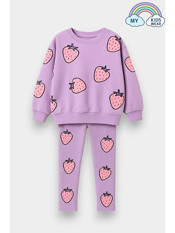 My Kids Wear Kız Çocuk Çilek Desenli 3 İplik Şardonsuz Sweatshirt Tayt Takım 2-10 Yaş 12344