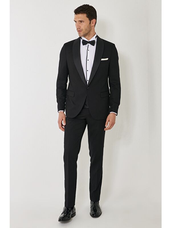 Altınyıldız Classics Erkek Siyah Slim Fit Dar Kesim Mono Yaka Balıksırtı Desenli Smokin Damatlık