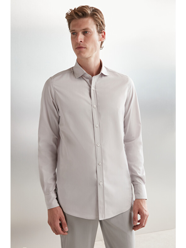 GRIMELANGE CARLSTEN Erkek Slim Fit İtalyan Yaka %100 Pamuk Poplin AÇIK GRİ Gömlek