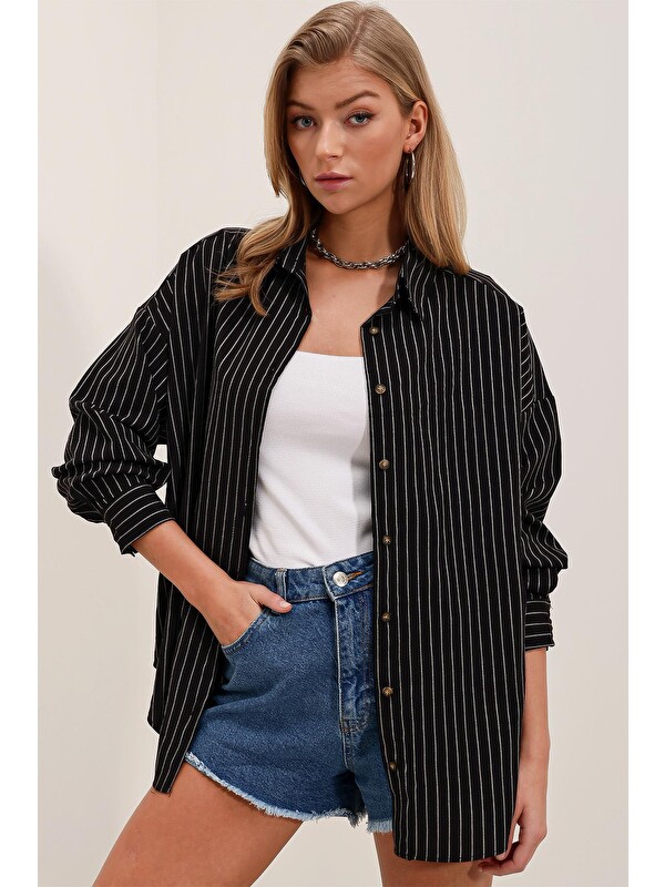 Bigdart Kadın Siyah Beyaz Çizgili Oversize Uzun Basic Gömlek 3900
