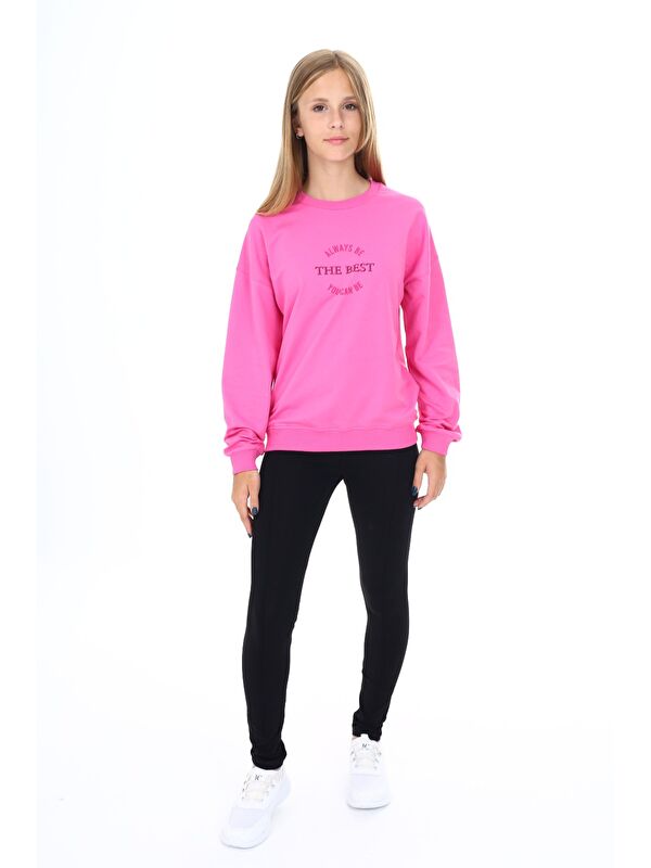 Toontoykids Kız Çocuk 2'li Takım Baskılı Bisiklet Yaka Düşük Omuz Sweatshirt & Basic Düz Tayt