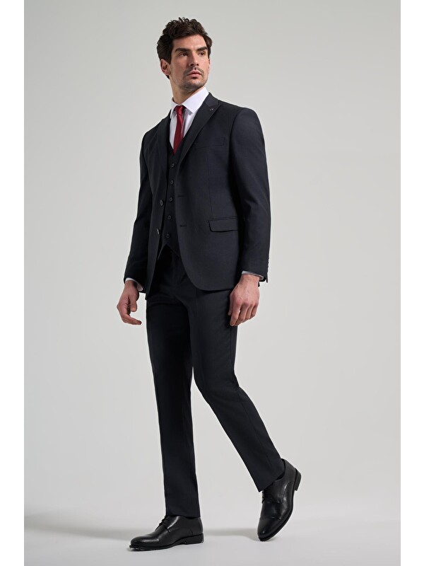 İMZA Koyu Lacivert Çizgili Desen 2 Düğme Classic Esnek Slim Fit Takım Elbise 1001250158