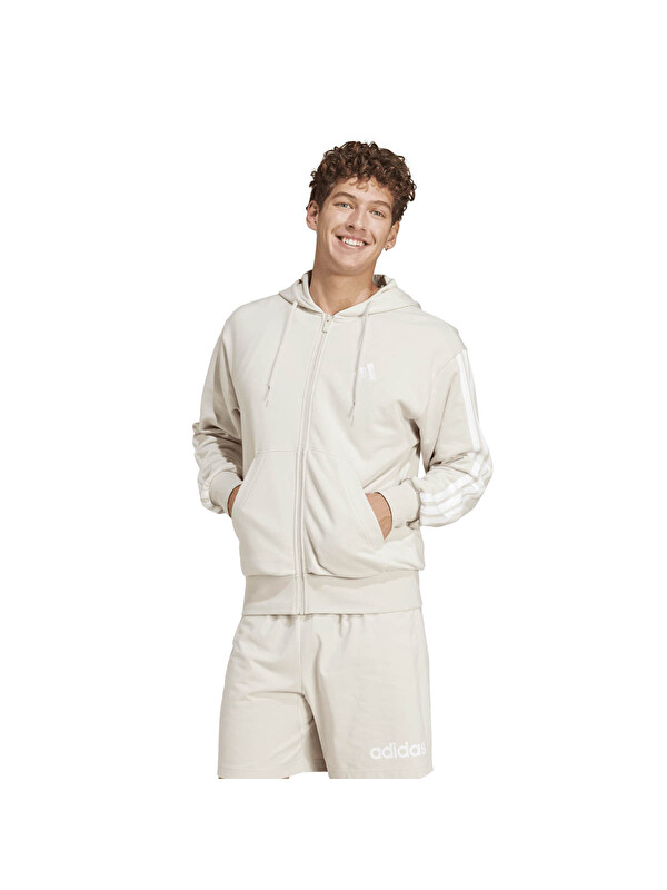 Adidas 3S Ft Fz Bej Kapüşonlu Erkek Fermuarlı Sweatshirt Hırka