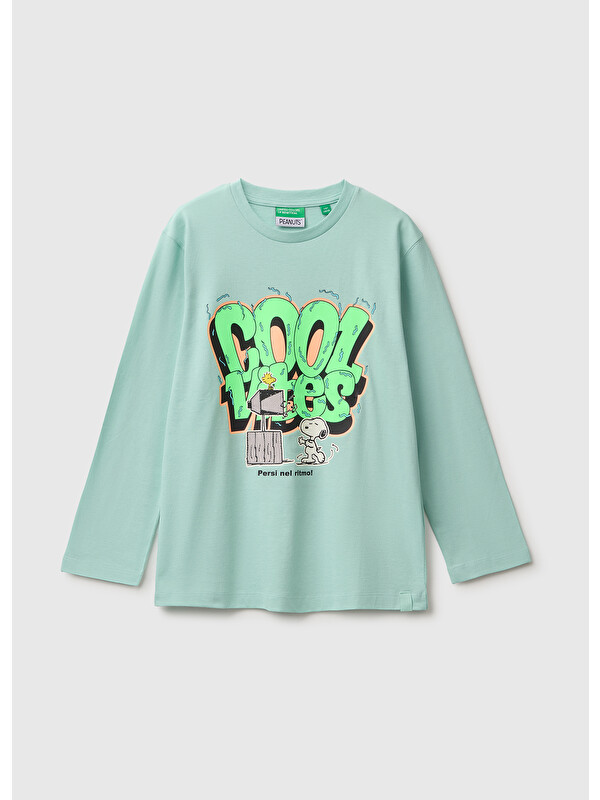 United Colors Of Benetton Erkek Çocuk Açık Yeşil Önü Snoopy Baskılı Oversize Uzun Kollu Tişört