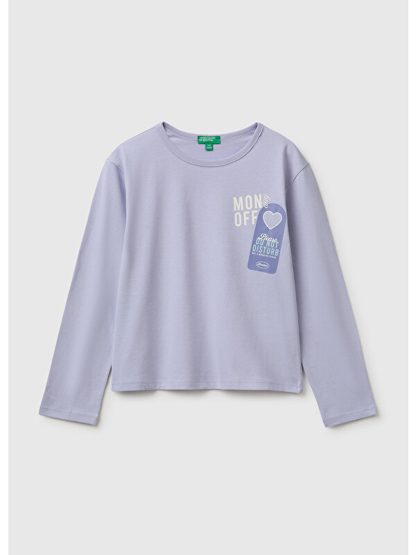United Colors Of Benetton Kız Çocuk Lila Uzun Kollu Önü Baskılı Bisiklet Yaka T-Shirt
