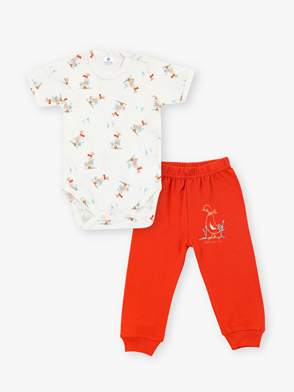 Luggi Baby Bisiklet Yaka Kısa Kollu Baskılı Kız Bebek Çıtçıtlı Body ve Pantolon 2'li Takım