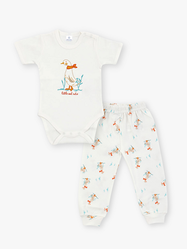 Luggi Baby Bisiklet Yaka Kısa Kollu Baskılı Kız Bebek Çıtçıtlı Body ve Pantolon 2'li Takım