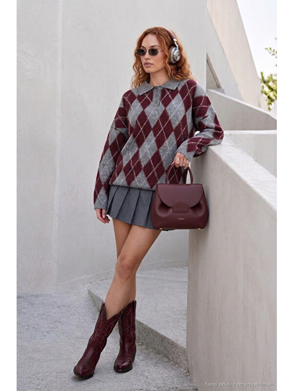 Lela Oversize Baklava Desenli Düğmeli Polo Yaka Kadın Kazak 4615593