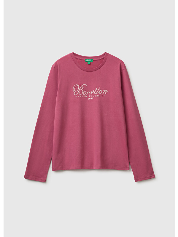 United Colors Of Benetton Kız Çocuk Fuşya Önü İşlemeli Uzun Kollu Tişört