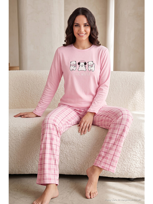Lela Desenli Yumuşak Dokulu Kışlık Polar Kadın Pijama Takımı 6575031