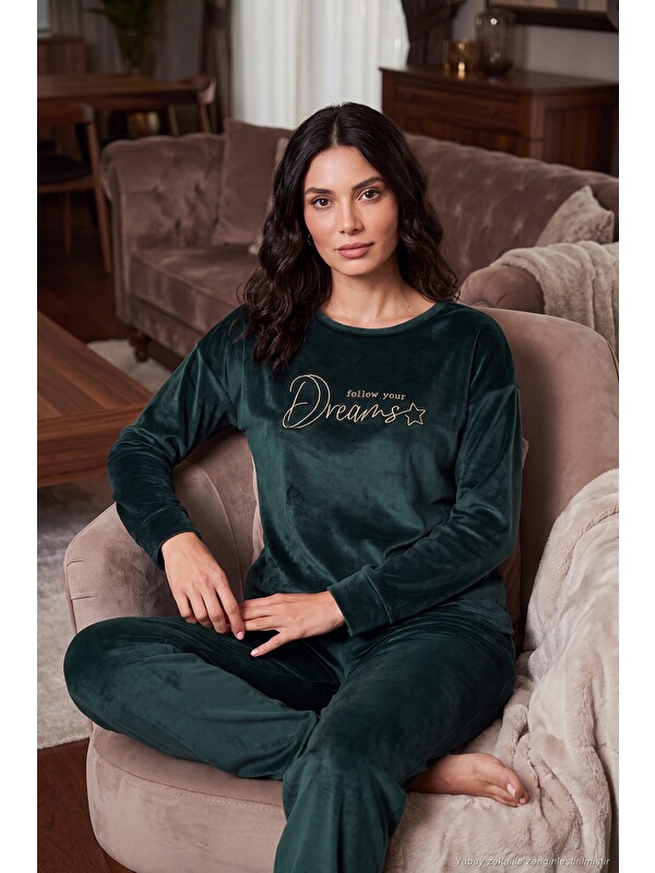 Lela Bisiklet Yaka Yumuşak Dokulu Parlak Kadife Kadın Pijama Takımı 6094209