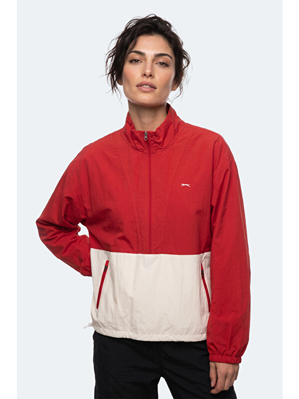 SLAZENGER RESTORED Kadın Dik Yaka Fermuarlı Oversıze Kırmızı Rüzgarlık