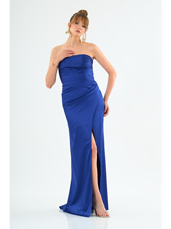 CARMEN Saks Straplez Pliseli Saten Abiye Elbise