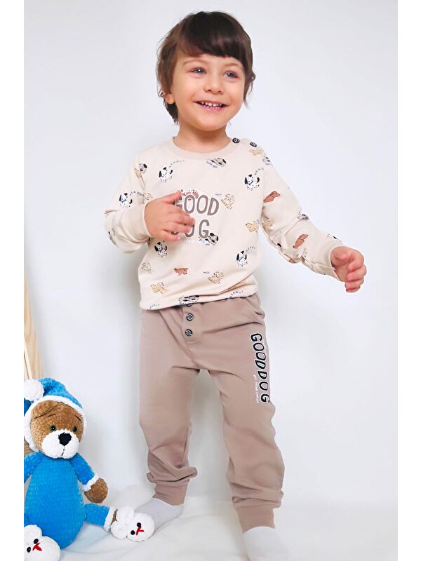 Breeze Erkek Bebek Eşofman Takımı Sevimli Köpekçikler Desenli Bej (9 Ay-3 Yaş)