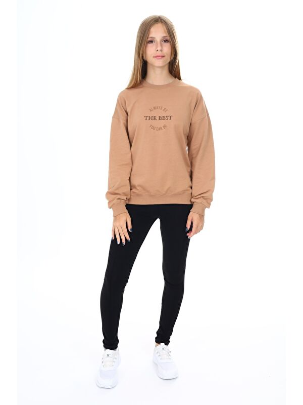 Toontoykids Kız Çocuk 2'li Takım Baskılı Bisiklet Yaka Düşük Omuz Sweatshirt & Basic Düz Tayt