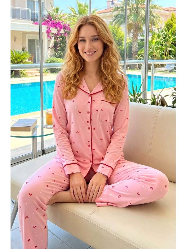 Remsa Kadın Uzun Kol Milan Kumaş Önü Düğmeli Kalp Desen 250358 Pembe01