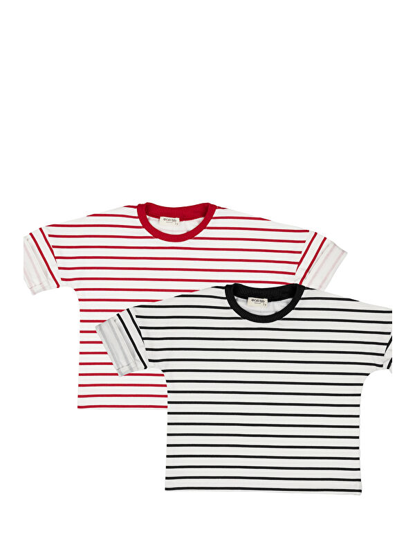 Catz Kids 2'li Paket Siyah Beyaz Çizgili ve Kırmızı Beyaz Çizgili T-Shirt