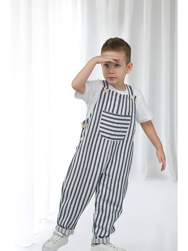 Catz Kids Erkek Çocuk Lacivert Beyaz Çizgili Keten Askılı Tulum