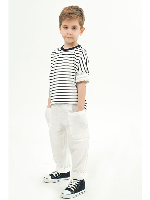 Catz Kids Boyfriend Beyaz Müslin Pantolon + Siyah Beyaz Çizgili Penye T-Shirt