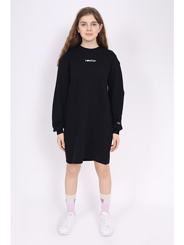 Toontoykids Kız Çocuk Baskılı Oversize Bisiklet Yaka Uzun Kollu Elbise