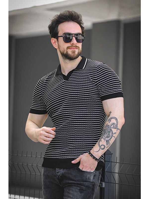 Oksit Mirko Çizgili Elastanlı Slim Fit Polo Yaka Örme Erkek Triko Tişört