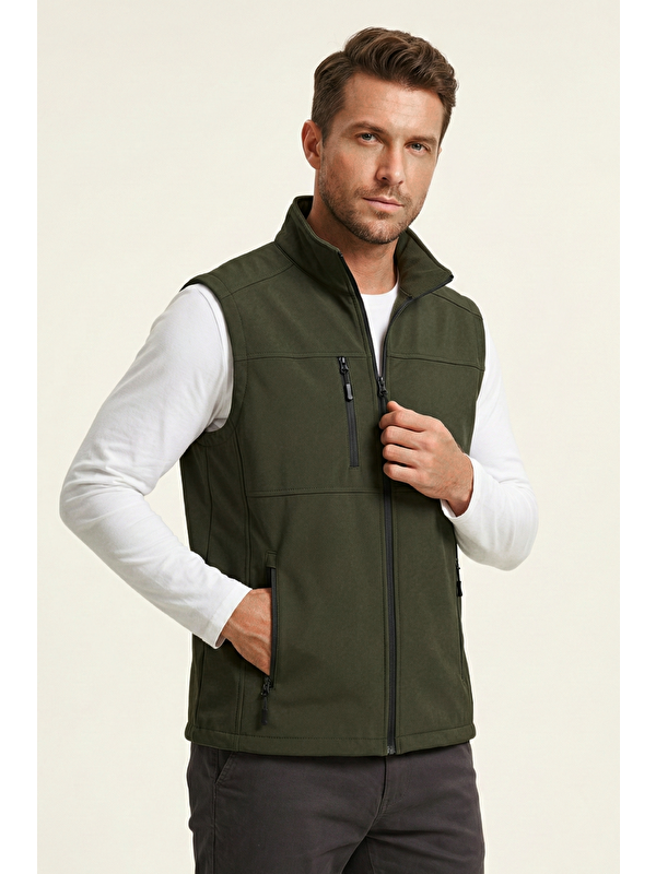 Genius Store Erkek Yelek Softshell Su Geçirmez Tam Fermuarlı Cepli Normal Kalıp Spor Yelek