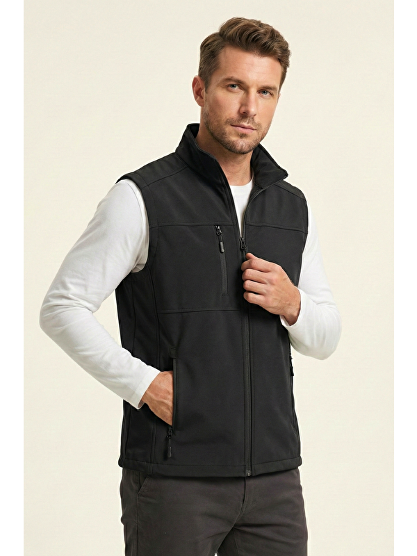 Genius Store Erkek Yelek Softshell Su Geçirmez Tam Fermuarlı Cepli Normal Kalıp Spor Yelek