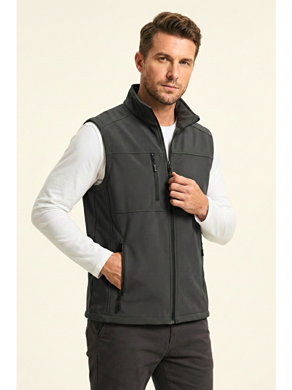 Genius Store Erkek Yelek Softshell Su Geçirmez Tam Fermuarlı Cepli Normal Kalıp Spor Yelek