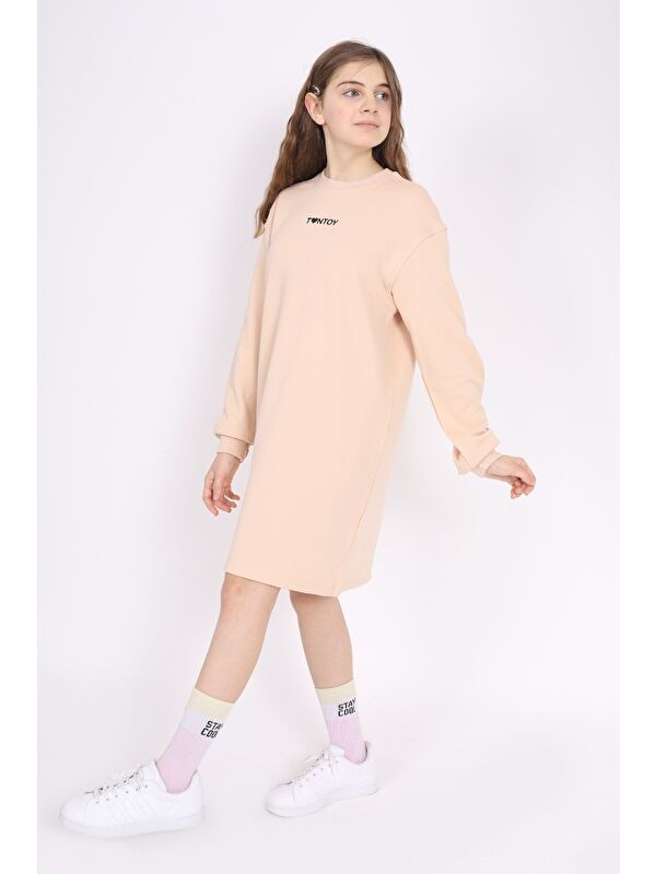 Toontoykids Kız Çocuk Baskılı Oversize Bisiklet Yaka Uzun Kollu Elbise