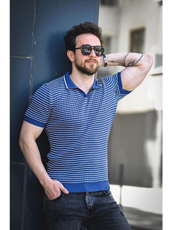 Oksit Mirko Çizgili Elastanlı Slim Fit Polo Yaka Örme Erkek Triko Tişört