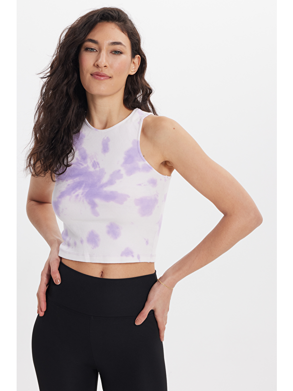 TUDORS Kadın Slim Fit Dar Kesim %100 Pamuk Kolsuz Askılı Bisiklet Yaka Baskılı Lila Crop