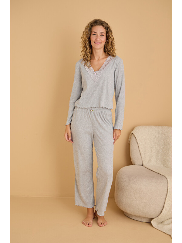 Siyah İnci gri Pamuklu Dantelli Fitilli Örme Pijama Takım25226005