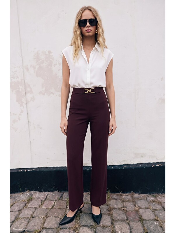 SATEEN Aksesuar Detaylı Pantolon - Mürdüm