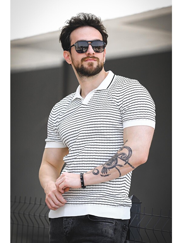 Oksit Mirko Çizgili Elastanlı Slim Fit Polo Yaka Örme Erkek Triko Tişört