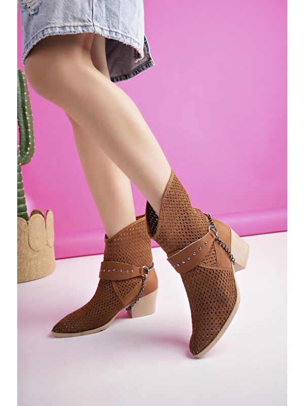 BURNİNG Kadın Lazer Kesim Zincir Detaylı Delikli Kovboy Yazlık Topuklu Festival Bot - Görsel 5